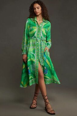 Farm Rio Macaw Scarf Chemise Midi Dress Long Sleeve Anthropologie Green Size S